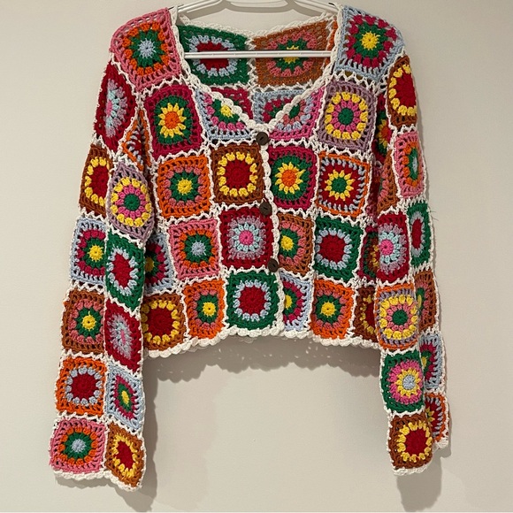 Sweaters - Crochet Granny Square Cardigan Sweater Knitted Patchwork Boho Festival Colorful